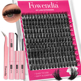 Fowendia DIY lash extensions set with tools and an eye wearing false eyelashes.