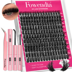 Fowendia DIY lash extensions set with tools and an eye wearing false eyelashes.