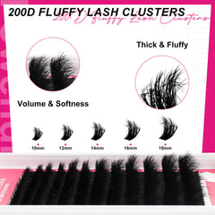 200D Fluffy Lash Clusters with size options on a pink and white background