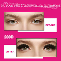 Comparison of eyes with and without lash extensions on a pink background