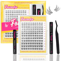 Fowenda DIY eyelash extension kit with lashes, glue, and tools on a white background