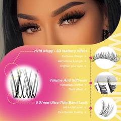 Advertisement for false eyelashes with a woman's eyes and product details on a colorful background