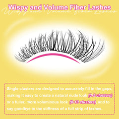 Illustration of wispy and volume fiber lashes with text on a yellow background