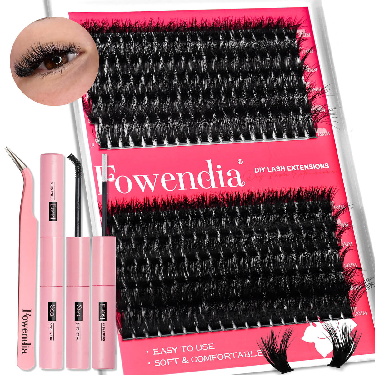 Fowendia DIY lash extensions set with pink packaging, applicator, and adhesive on a white background.