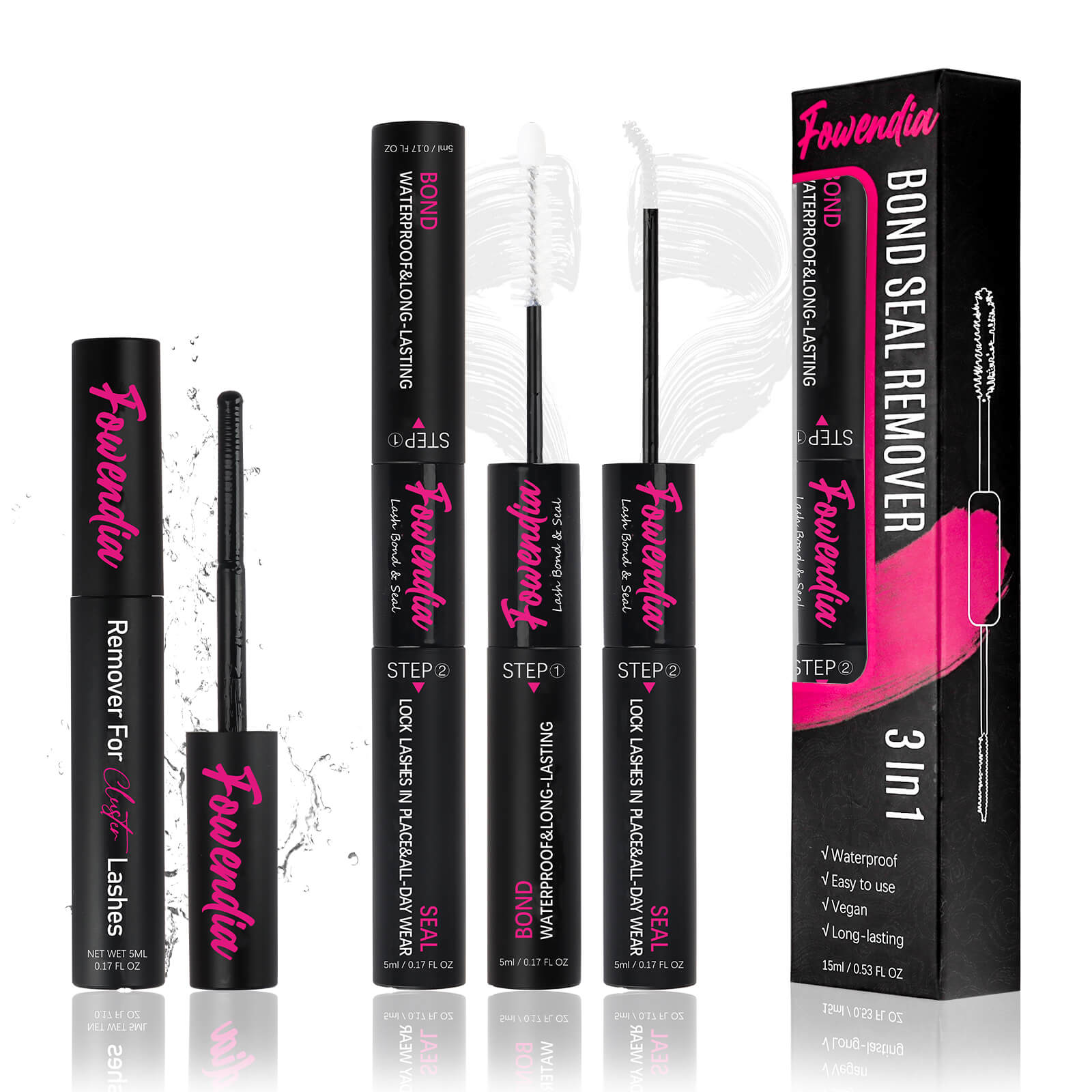 Fowendia lash product set including remover, bond, seal, and step 3-in-1 on a white background