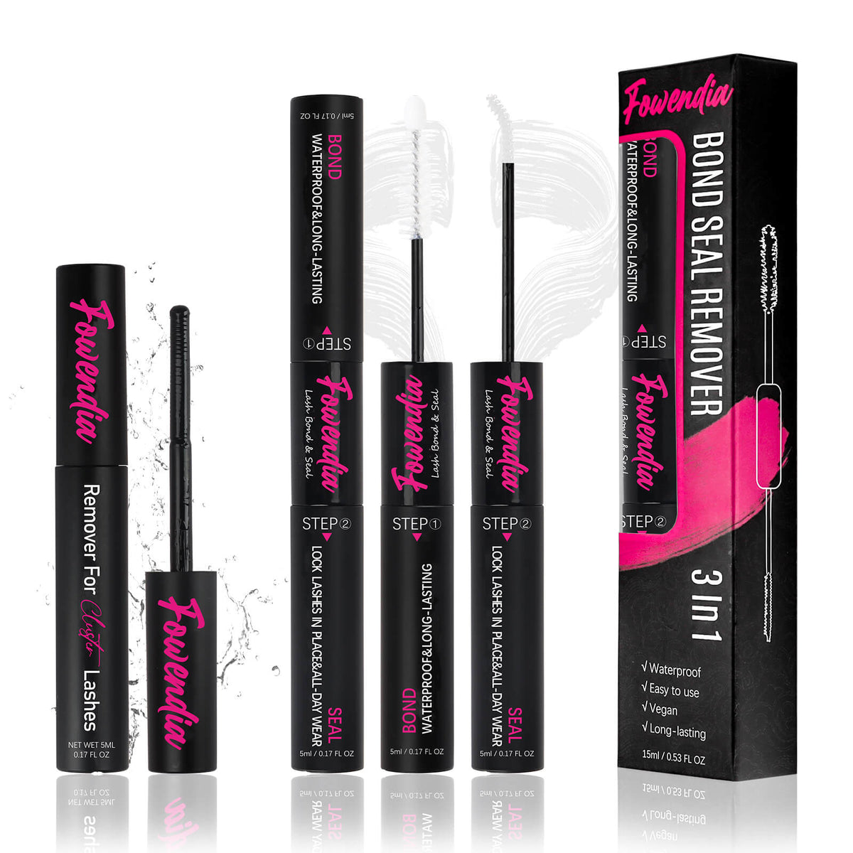 Fowendia lash product set including remover, bond, seal, and step 3-in-1 on a white background