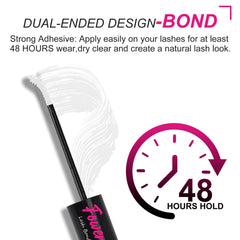 Eyelash adhesive with a brush and text about its dual-ended design and 48-hour hold.
