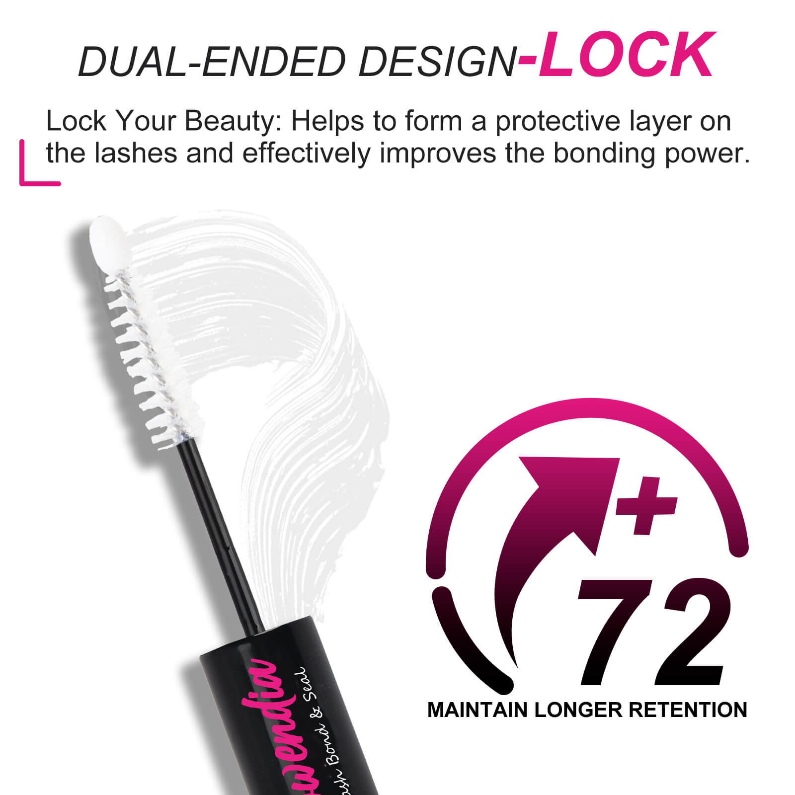 Cluster lash seal with dual-ended design and text highlighting benefits on a white background
