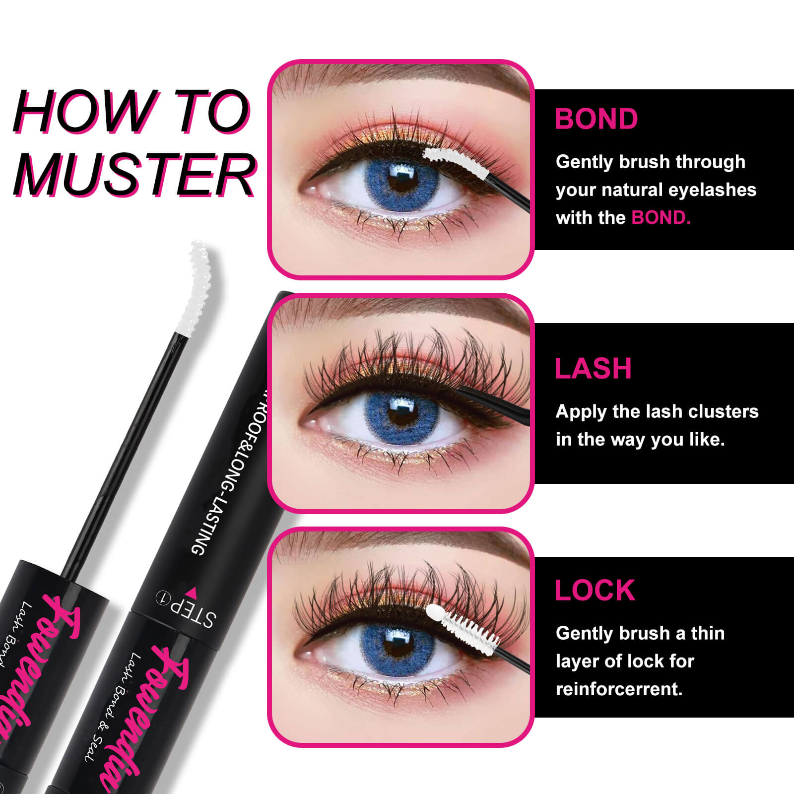 Instructions on how to use a false eyelash product with close-up shots of an eye and product application.