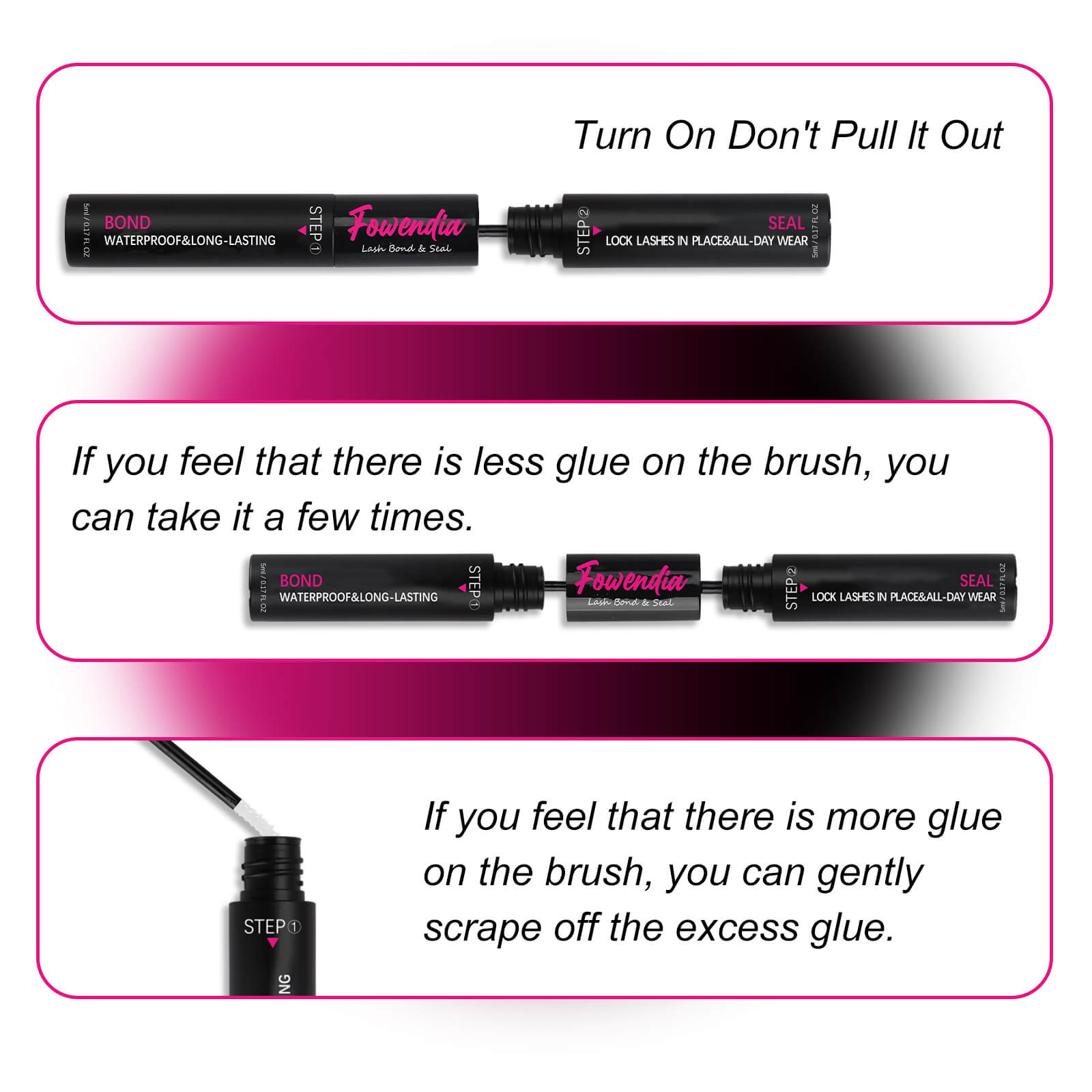 Instructions for using a lash bond seal remover with text and product images on a white background