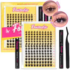 Packaging and contents of Fowendia Manga Style Cluster Lashes Kit, including a set of false eyelashes and a brush for application.