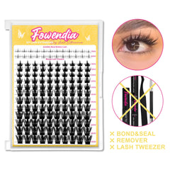 Packaging of Fowendia Manga Style Cluster Lashes with individual lashes displayed in front of a yellow background. An eye is shown wearing the lashes to demonstrate their appearance