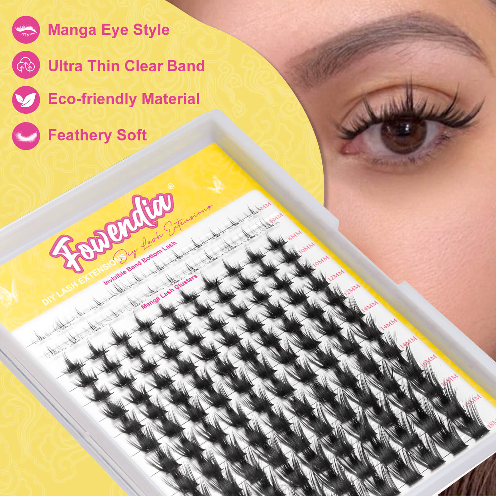 Fowendia 'California Susset' lashes in a box with a woman's eye wearing them, on a yellow background.