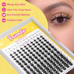 Fowendia 'California Susset' lashes in a box with a woman's eye wearing them, on a yellow background.