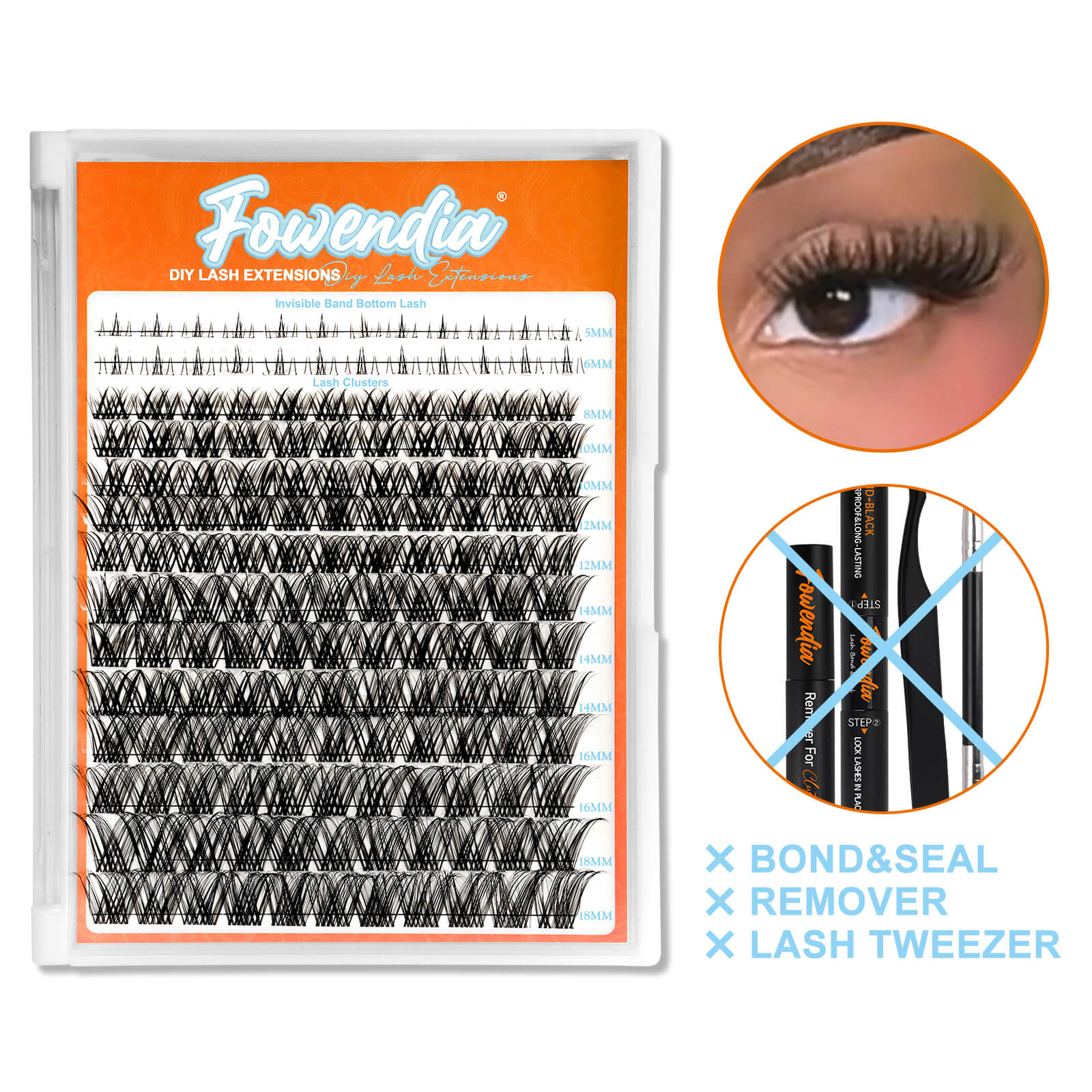 Fowendia 'Eyes On Me' lash only packaging and close-up of applied lashes.
