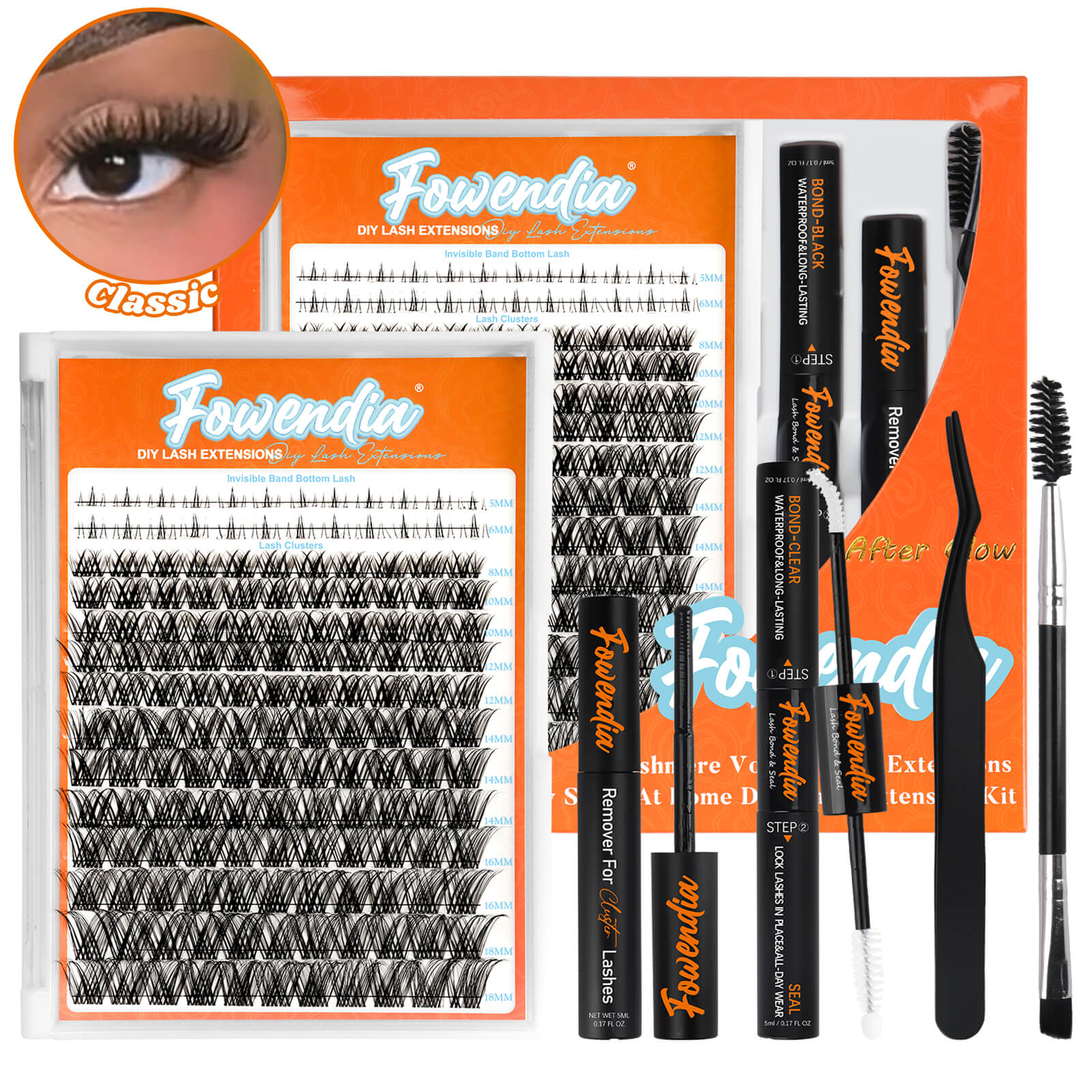 Eyelash extension kit with tools and packaging featuring the brand 'Fowendia'.