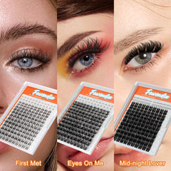 Fowendia Three styles of cluster eyelashes with their packaging labeled 'First Met', 'Eyes On Me', and 'Mid-night Lover' on a close-up of a woman's eyes.