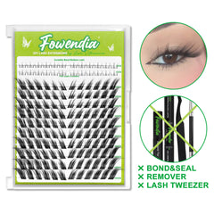 Fowendia fairy fox lash packaging with a close-up of an eye wearing the lashes.