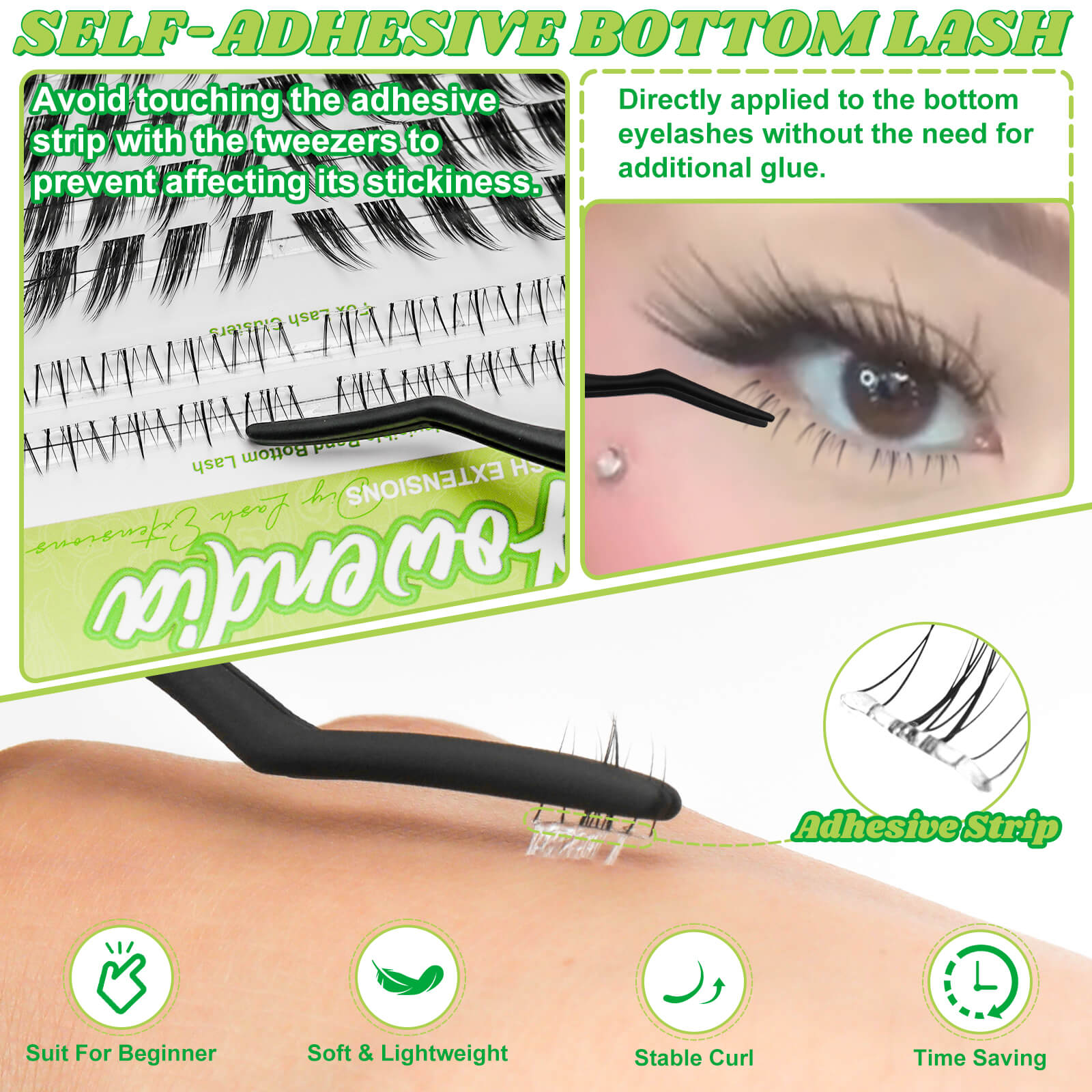 How to apply fowendia bottom lashes and featuring text on self-adhesive bottom lashes.