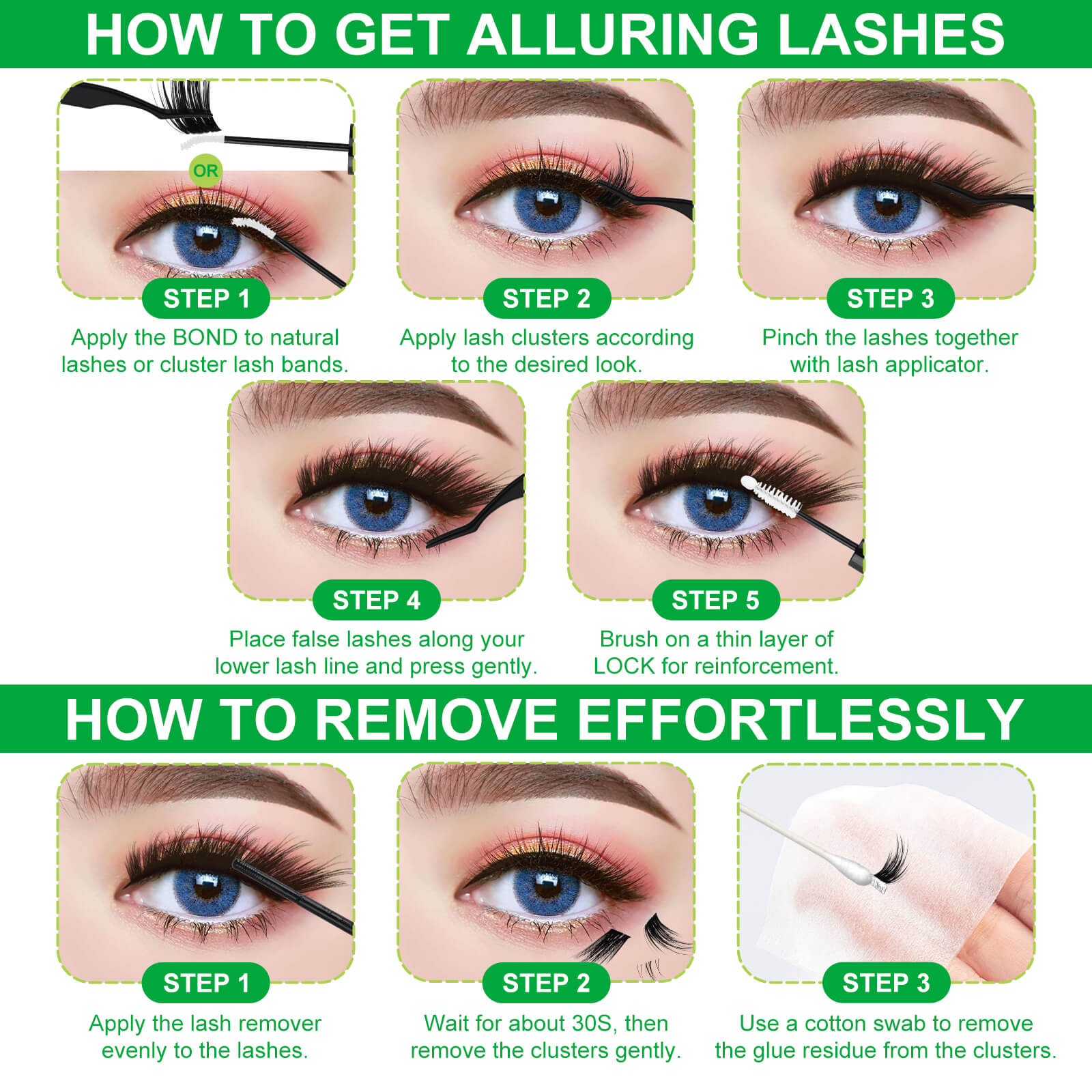 Fowendia guide showing the steps to apply and remove false eyelashes, including the application of bond, placement of lashes, and use of remover.