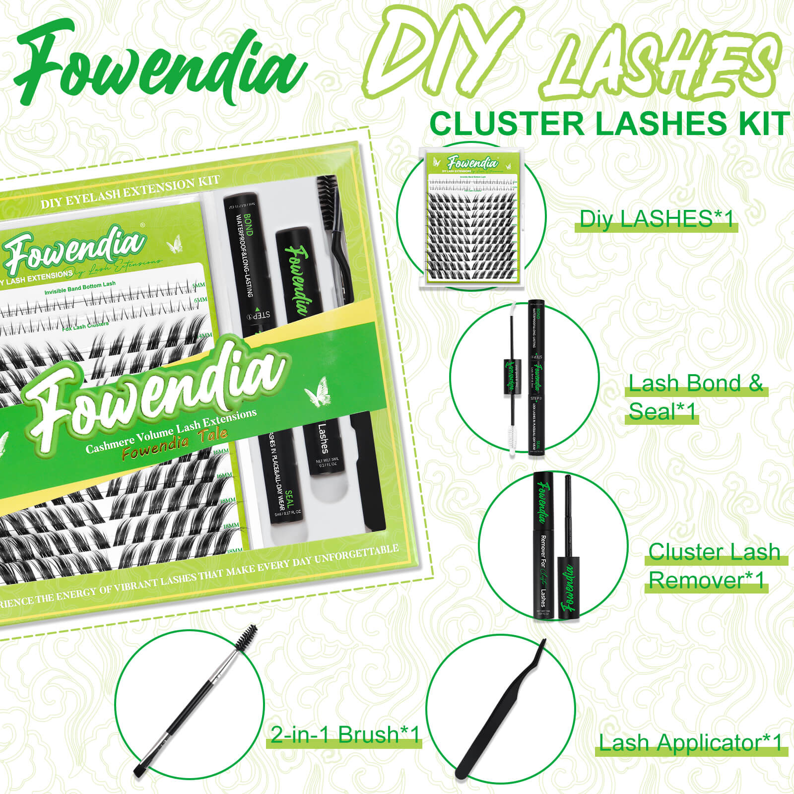 An overview of the Fowendia DIY Lashes Cluster Lashes Kit, including various components such as lashes, bond and seal, remover, brushes, and applicators.