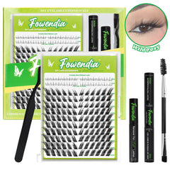 The image shows a Fowendia Fairy Foxy Style Cluster Lashes Kit which includes a set of false eyelashes, lash glue, tweezers, a brush, and a remover. The lashes are designed to create a fox-like effect.
