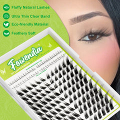 Eyelash extensions in a Fowendia box with a close-up of a woman wearing them.