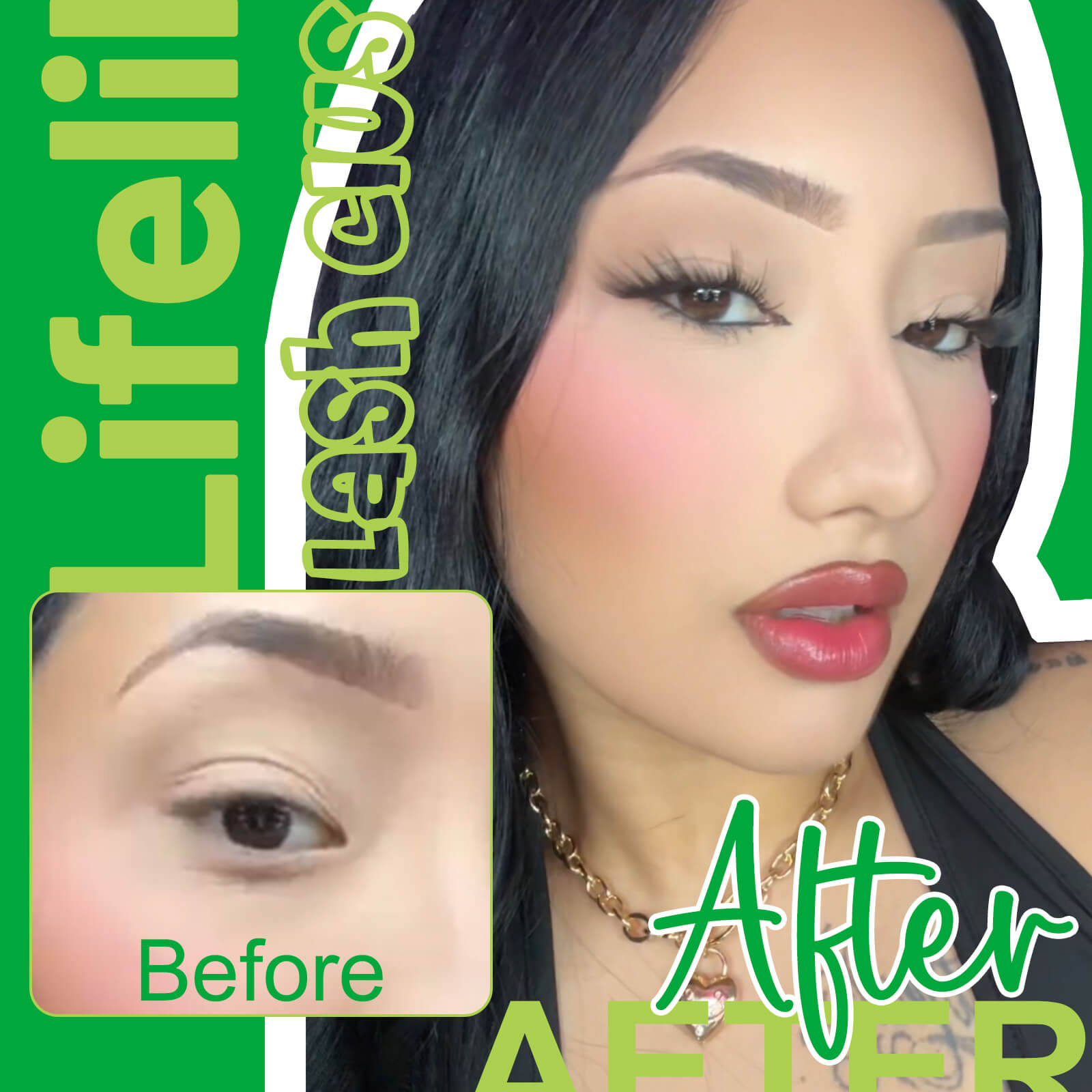 Before and after comparison of cluster lashes with fairy fox style.