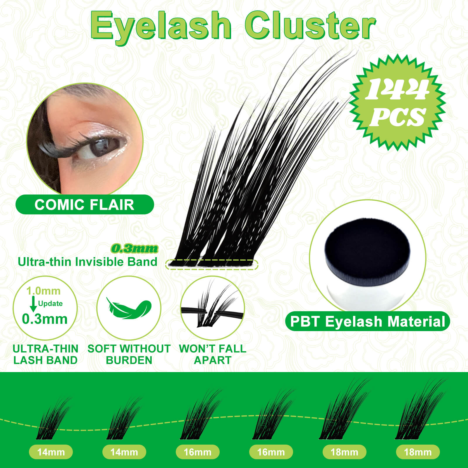 Eyelash cluster product with features and specifications on a white background, fowendia fairy fox style cluster lashes.
