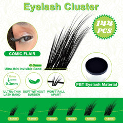 Eyelash cluster product with features and specifications on a white background, fowendia fairy fox style cluster lashes.