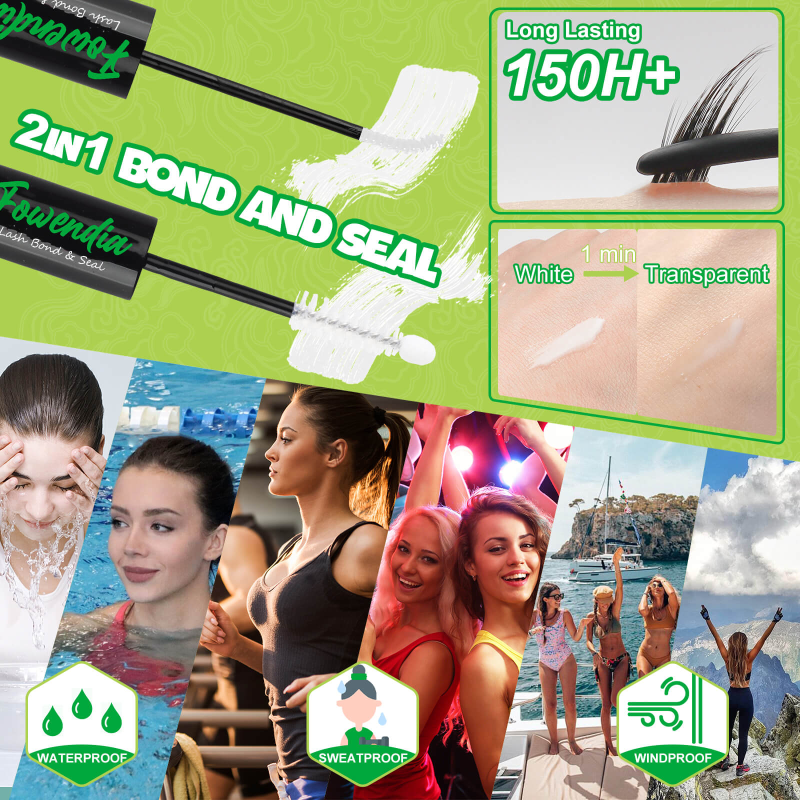An advertisement for Fowendia's 2-in-1 lash bond and seal glue, highlighting its long-lasting, waterproof, sweatproof, and windproof features, suitable for various outdoor activities.