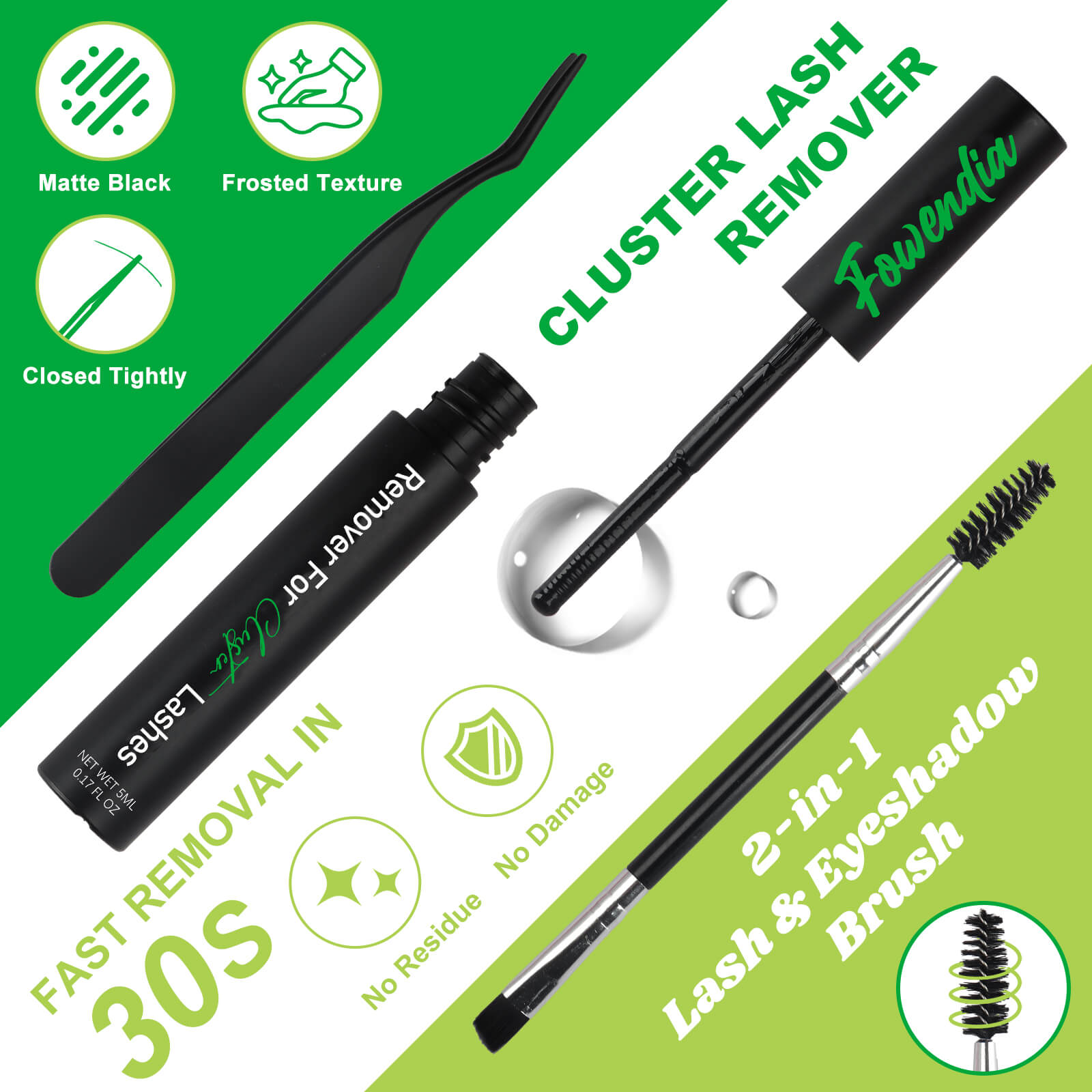 Cluster lash remover with eyelash brush and tweezers on a green background