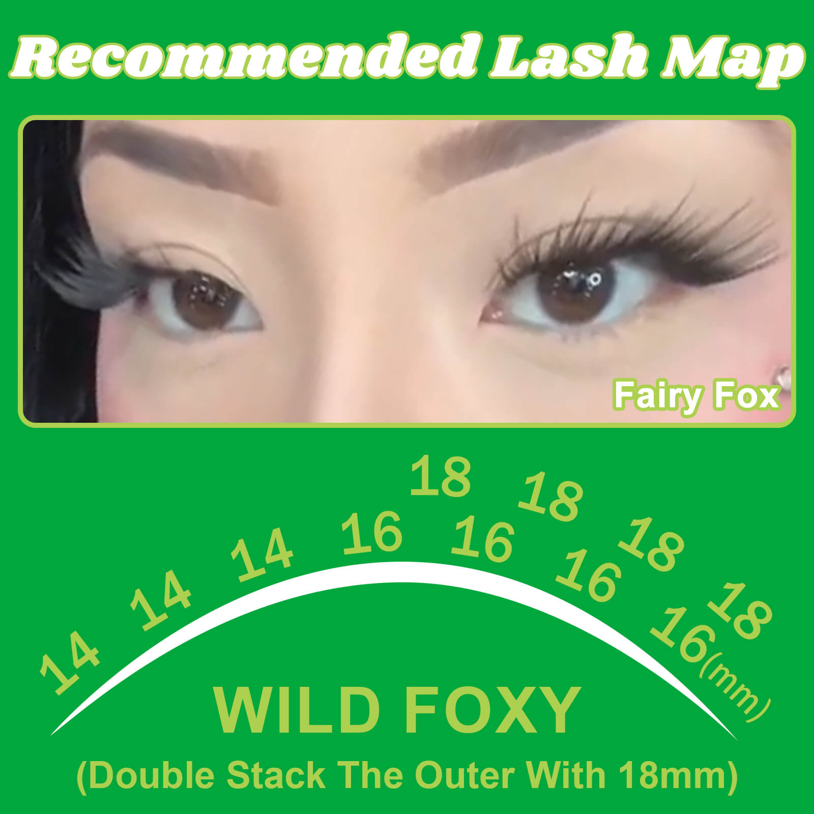 Fowendia lash product recommendation map with 'Fairy Fox' style on a green background.