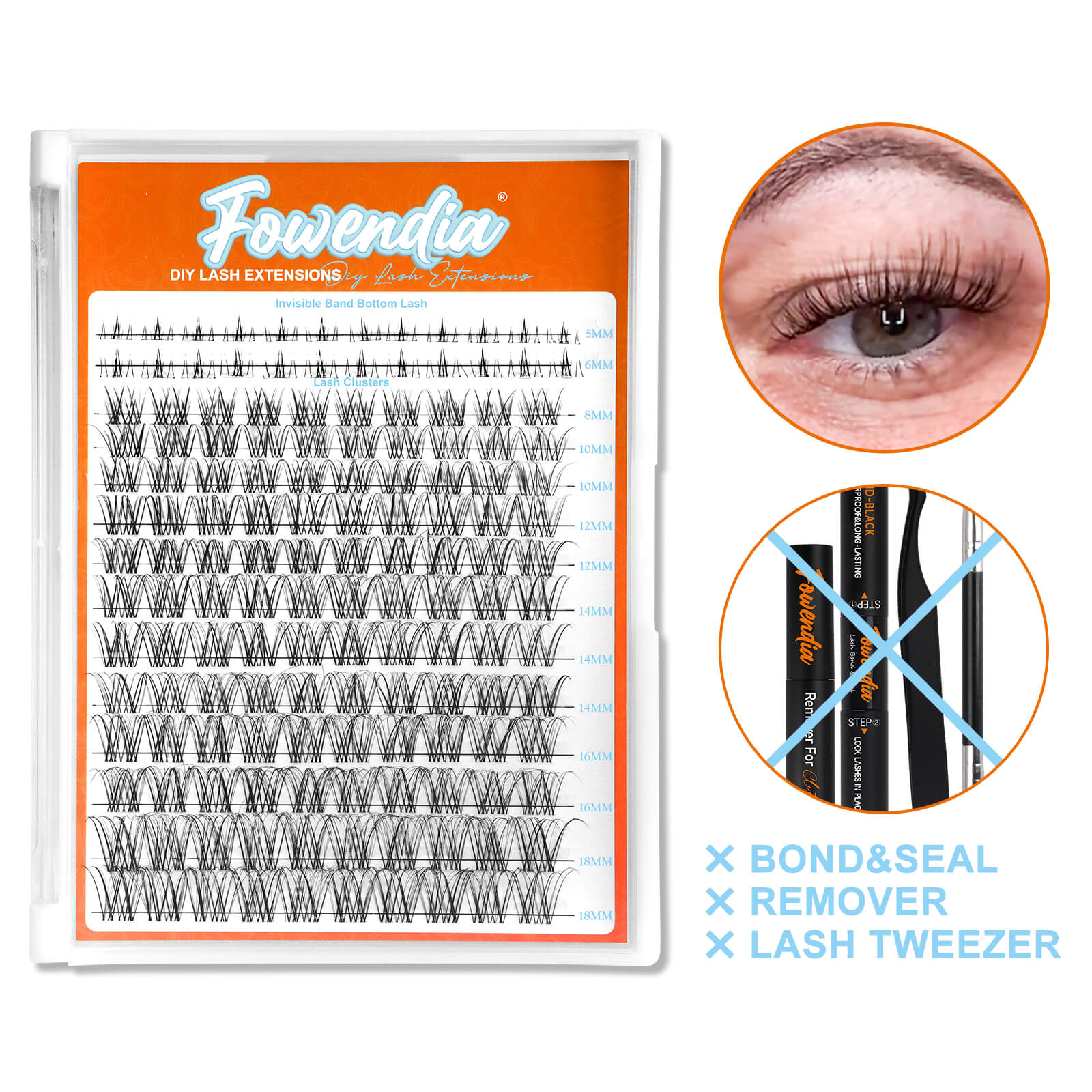 Fowendia 'First Met' lash tray with a close-up of an eye wearing the lashes.