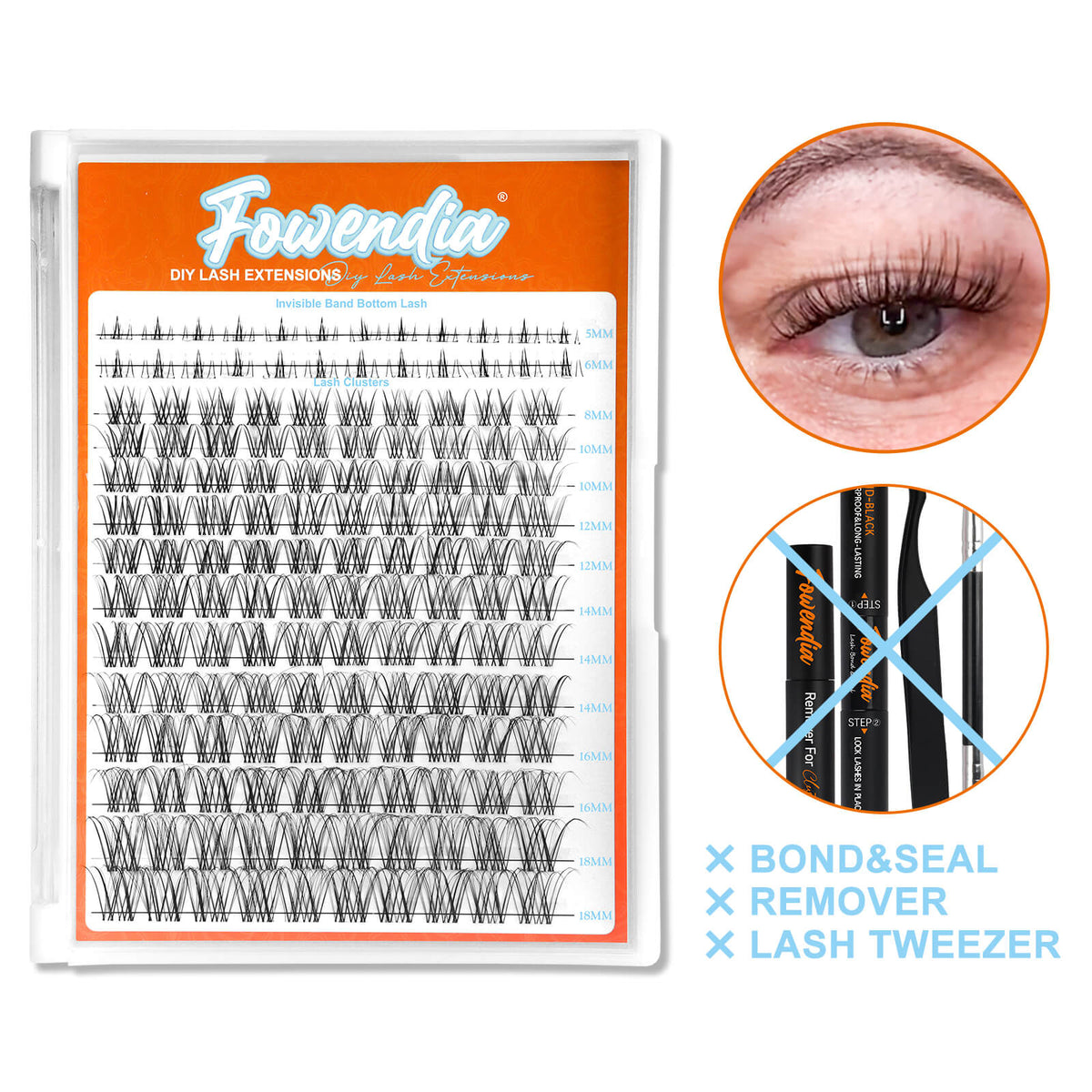 Fowendia 'First Met' lash tray with a close-up of an eye wearing the lashes.