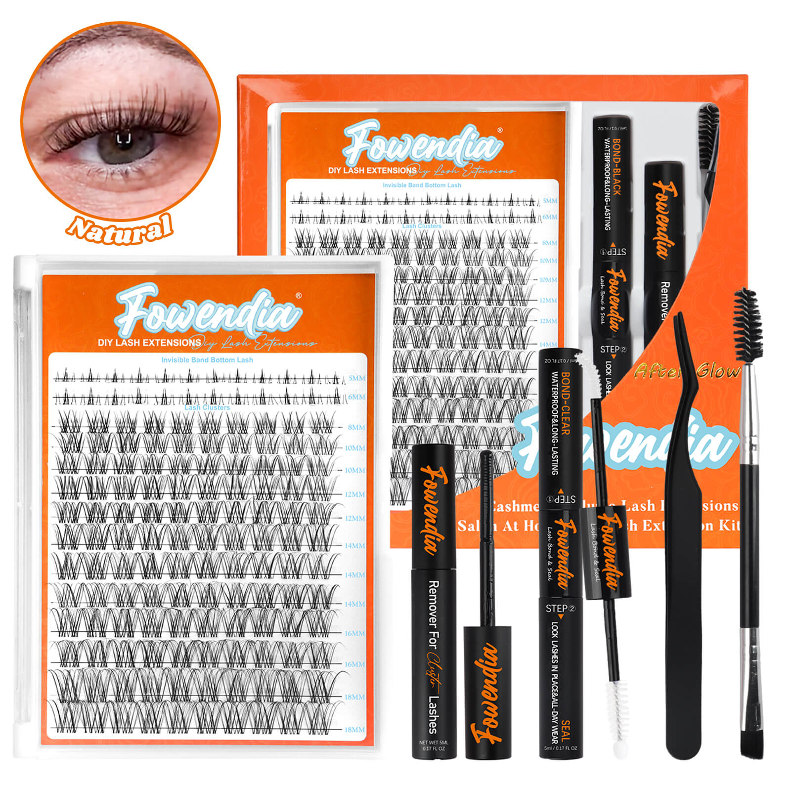 Fowendia 'First Met' kit with false eyelashes, applicators, and tools on an orange background.