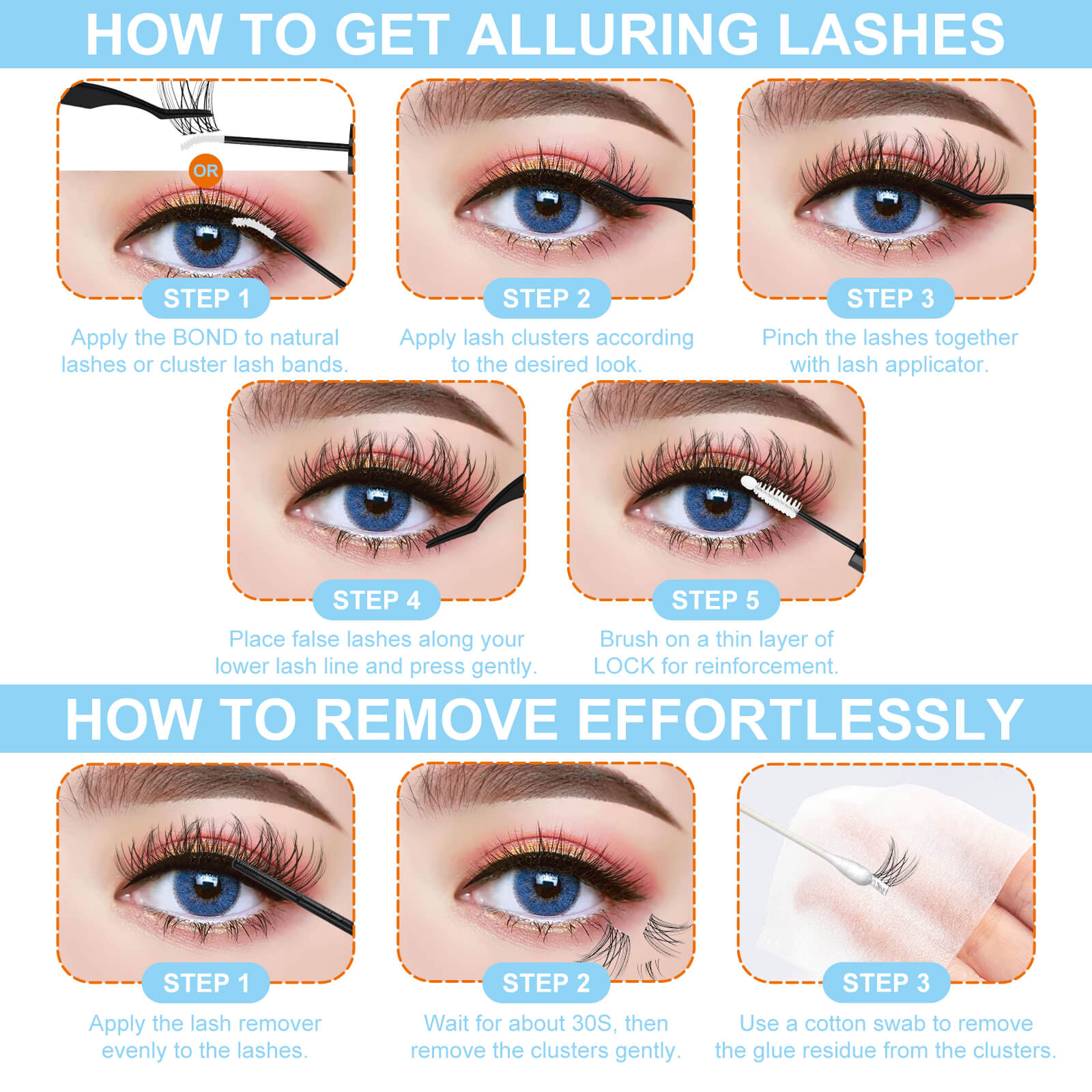 Fowendia Step-by-step guide on how to apply and remove cluster eyelashes with close-up shots of eyes.