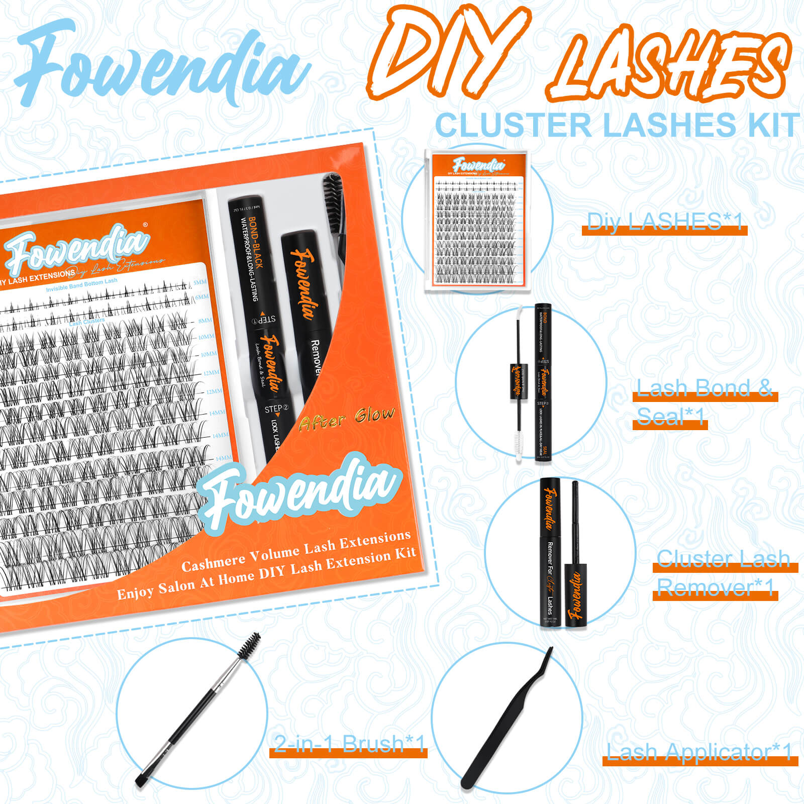 Fowendia's DIY Lashes Cluster Lashes Kit includes essential tools like lashes, bond and seal, remover, applicator and brushes for easy application and removal.