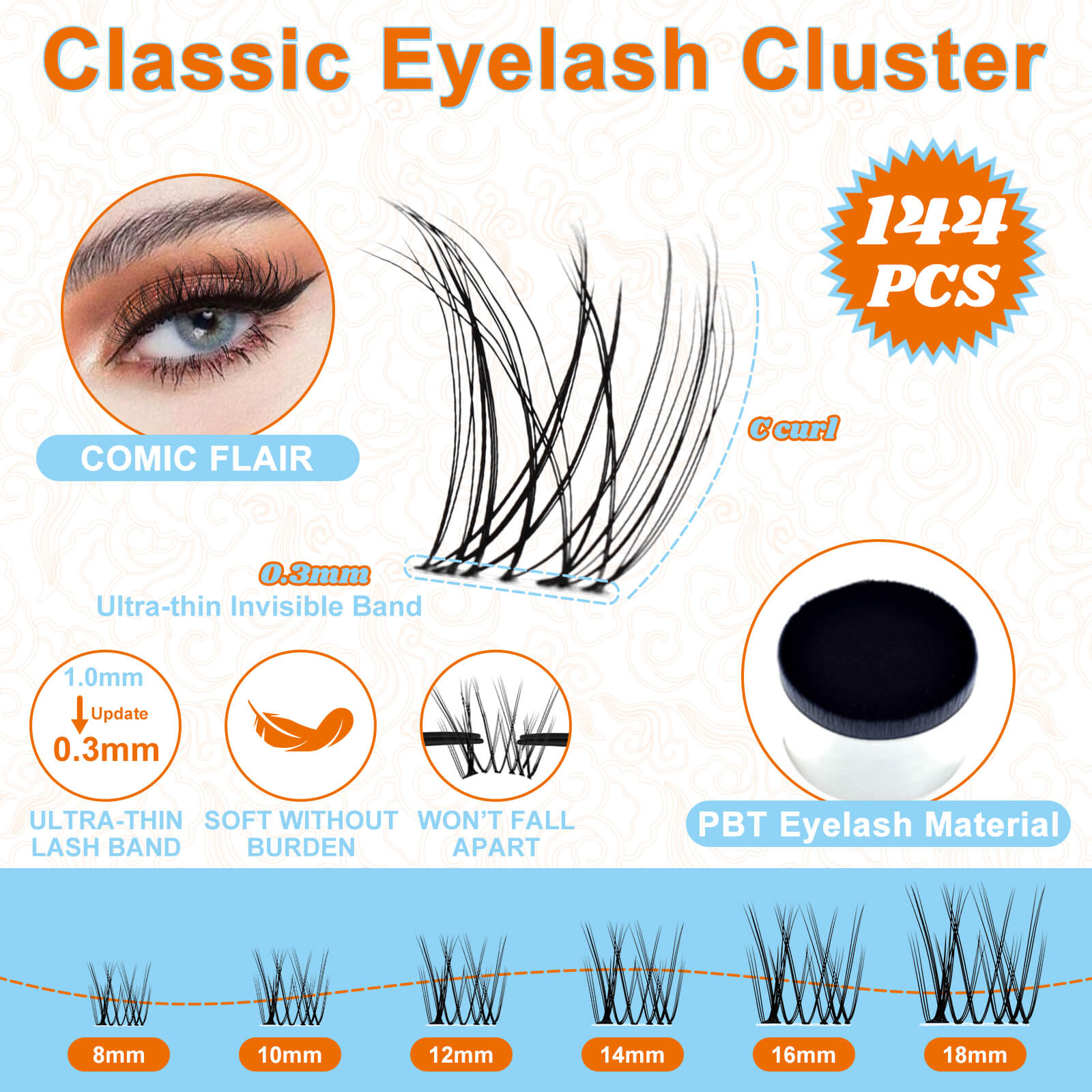 Advertisement for fowendia first met classic eyelash cluster with product details and benefits.