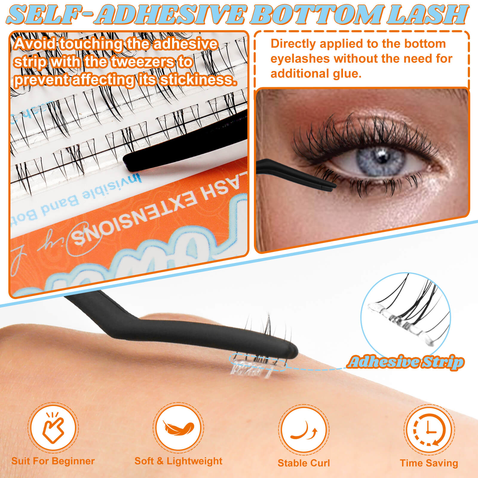 Fowendia self-adhesive bottom lashes highlighting ease of use, no need for additional glue, and features like softness and time-saving application.
