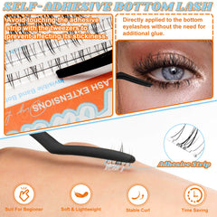 Fowendia self-adhesive bottom lashes highlighting ease of use, no need for additional glue, and features like softness and time-saving application.