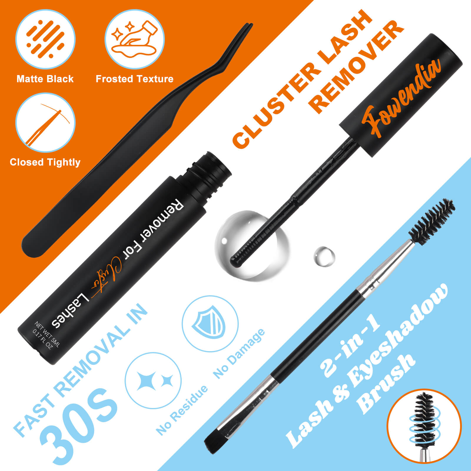 Fowendia's cluster lash remover and 2-in-1 lash and tweezers are highlighted, emphasizing features like fast removal, no residue, and dual functionality.