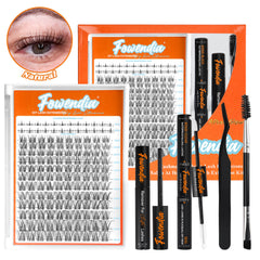 Fowendia 'First Met' kit with false eyelashes, applicators, and tools on an orange background.