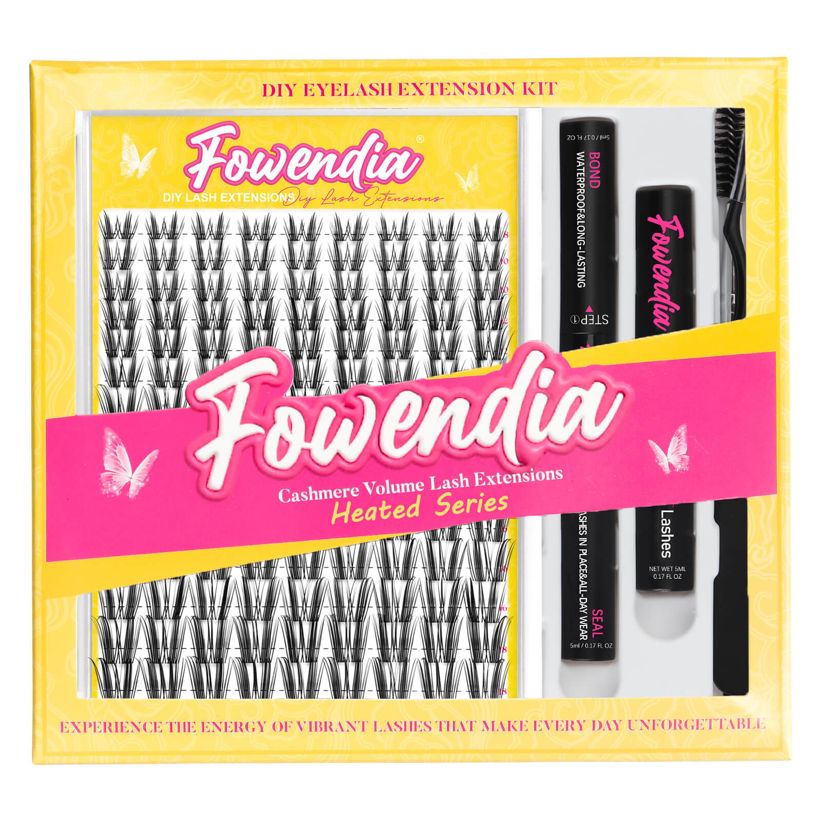 The image shows a Fowendia Freya Cat Ear Style Cluster Lashes Kit which includes a set of false eyelashes with a cat ear shape, a tube of glue, remover, tweezers, and a brush for application. The packaging is primarily yellow and black with pink accents.