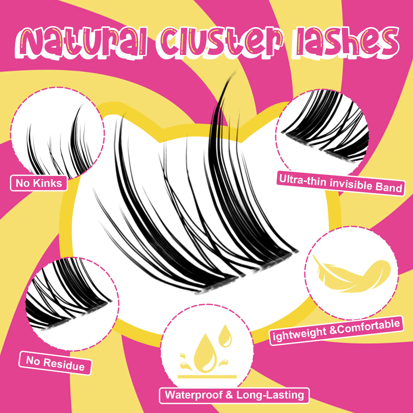 Fowendia Freya Cat Ear style natural cluster lashes with features on a pink and yellow background