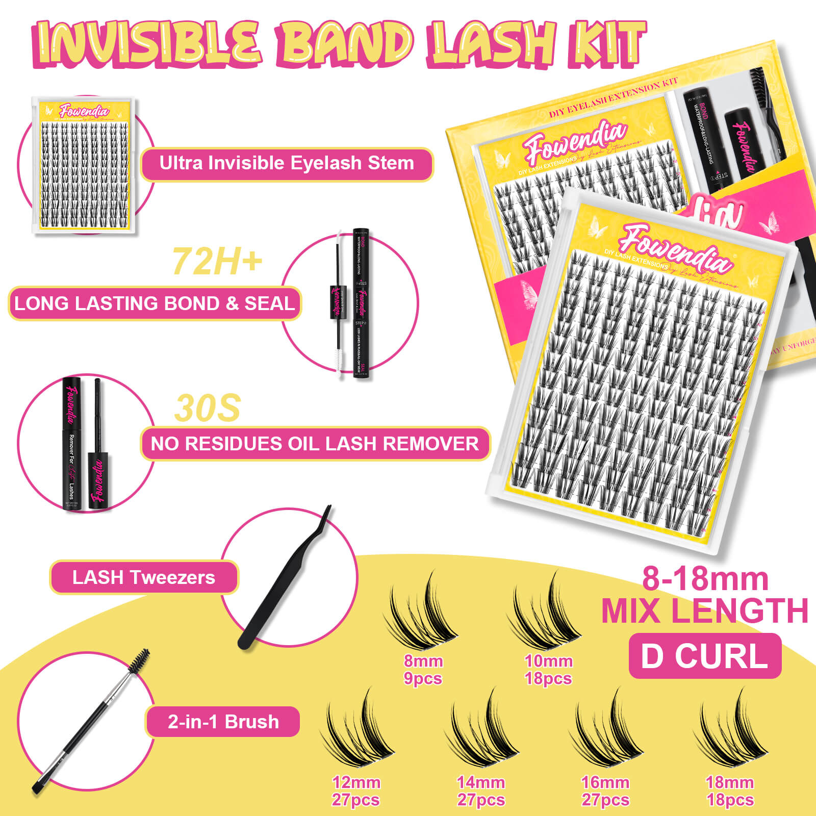 Fowendia lash kit with packaging and components on a white background