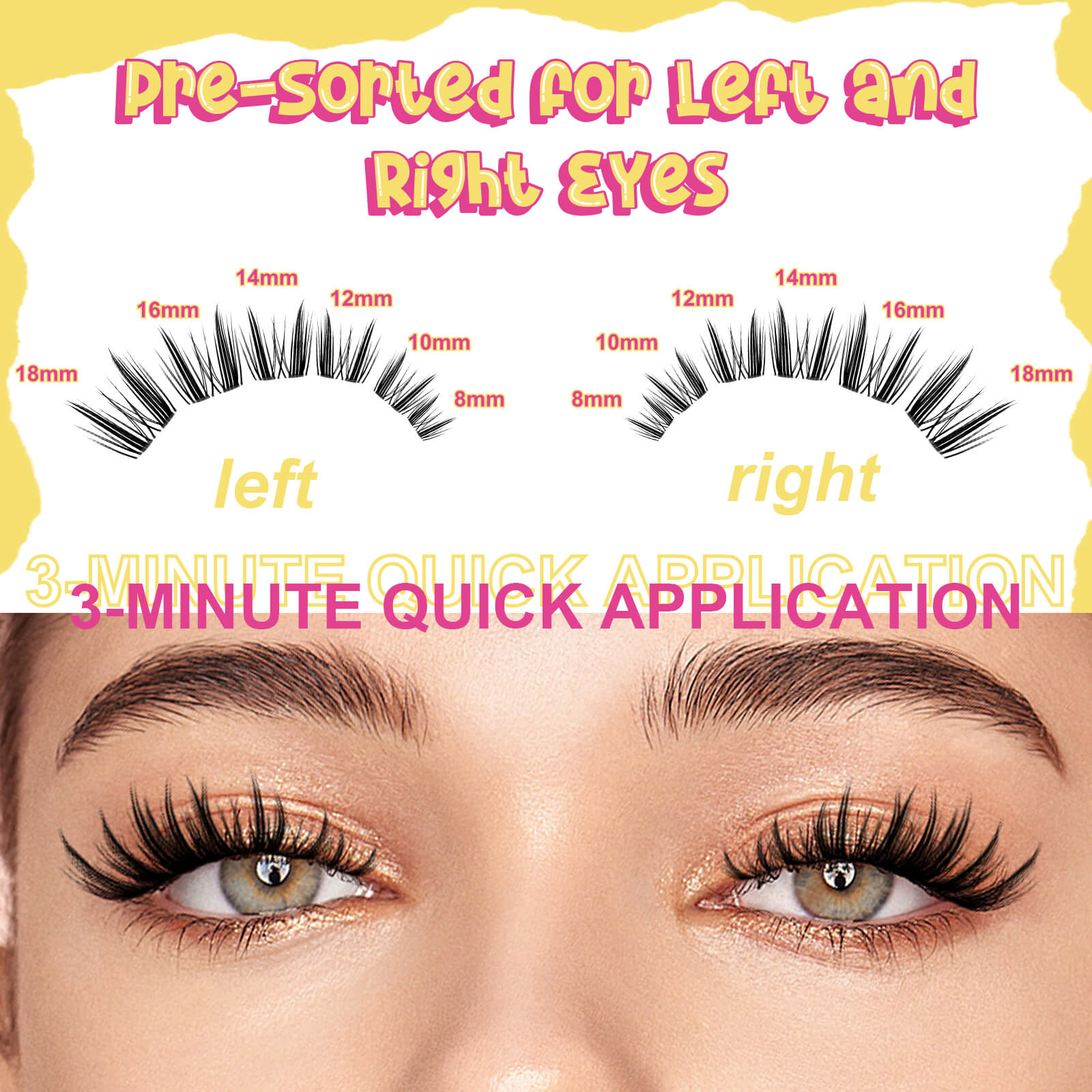 Eyelash packaging with measurements and text indicating pre-sort for left and right eyes, quick application, and a close-up of eyes wearing the lashes.