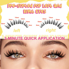 Eyelash packaging with measurements and text indicating pre-sort for left and right eyes, quick application, and a close-up of eyes wearing the lashes.