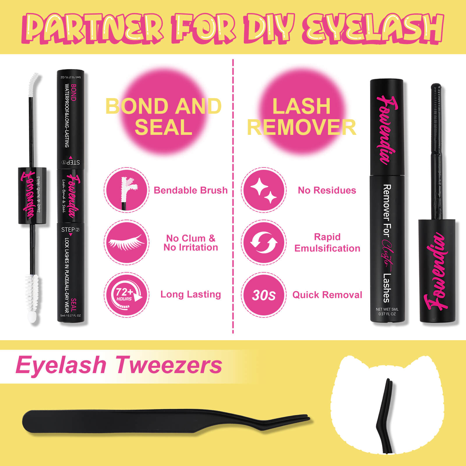 Fowendia cluster lashes kit including bond and seal, lash remover, and tweezers on a yellow background.