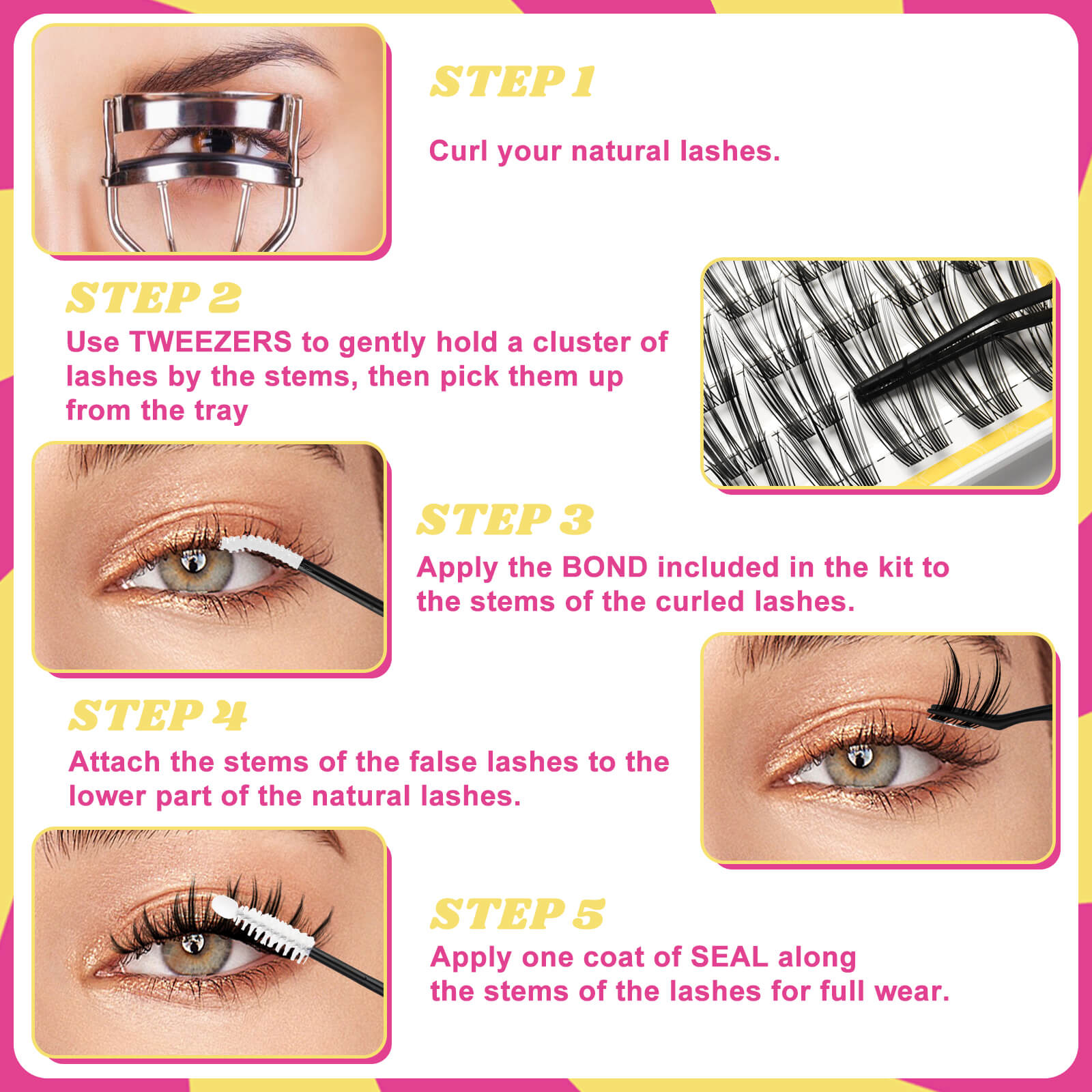 Fowendia Step-by-step guide on applying false eyelashes with illustrations and text.